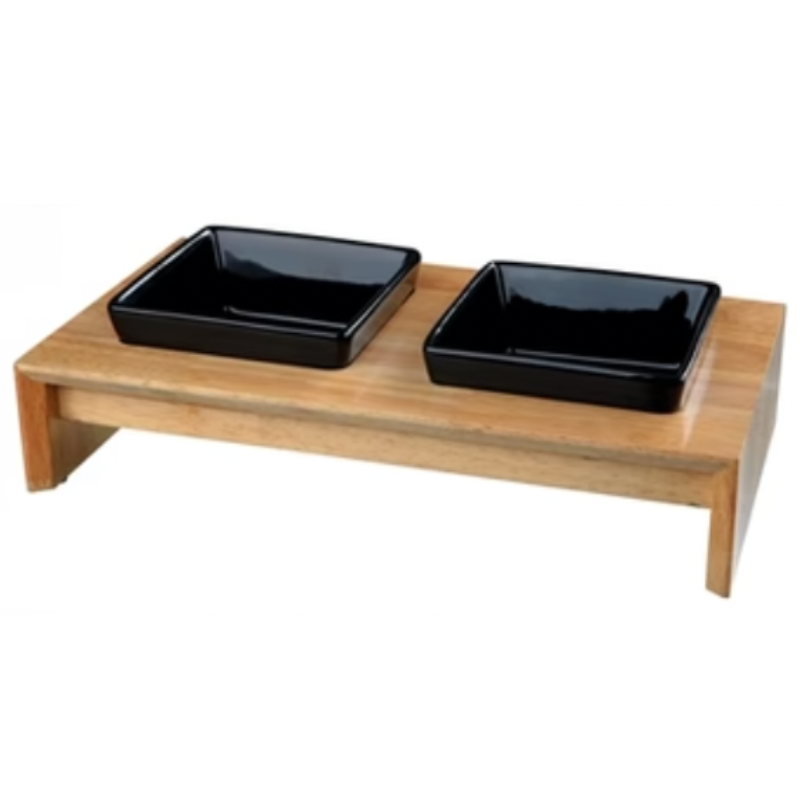 Keramik Futternapf-Set Mit Holzsockel Schwarz